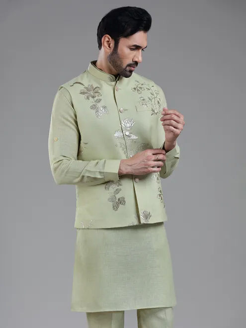 Unique pista green kurta jacket set for men