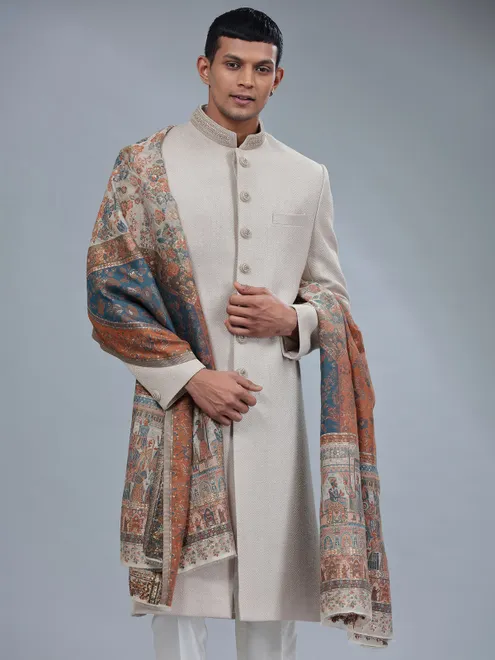 Unique textured terry rayon light brown sherwani