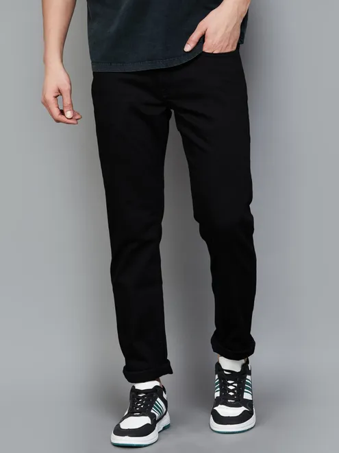 US POLO solid black slim tapered denim jeans for men