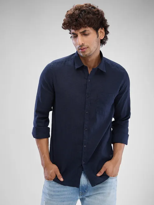 SPYKAR solid deep blue linen casual shirt