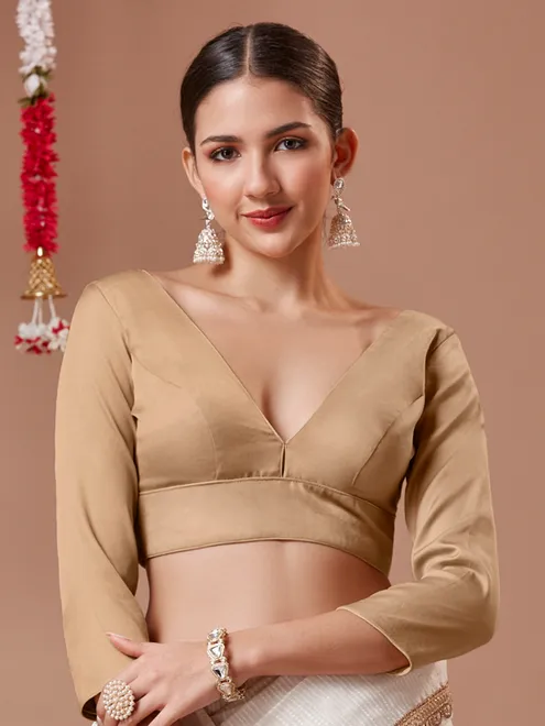 V neck beige silk readymade blouse