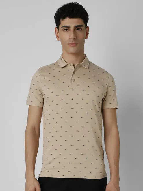 VAN HEUSEN printed beige colour cotton t-shirt