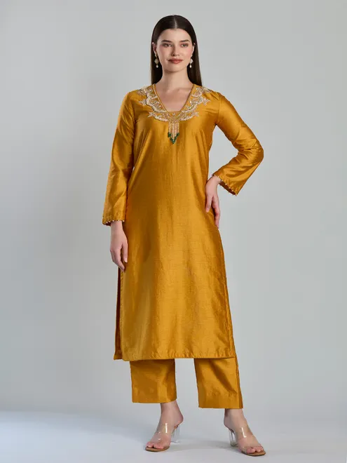 Vibrant mustard russian silk straight cut festive suit