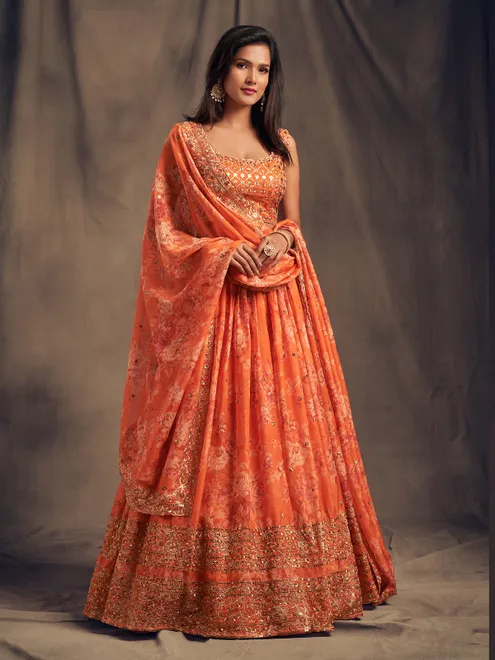 Vibrant orange floral organza festive lehenga choli