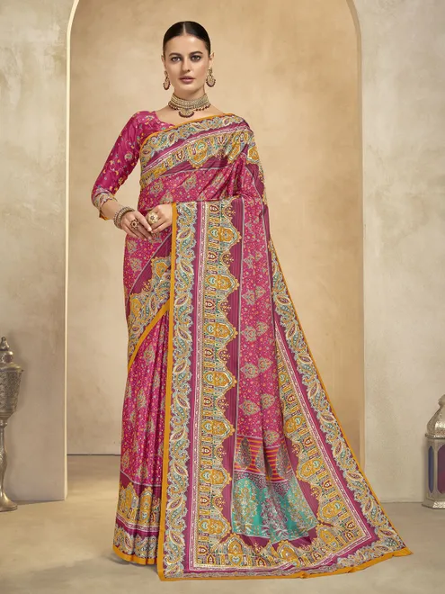 Vibrant rani pink digital printed crepe saree