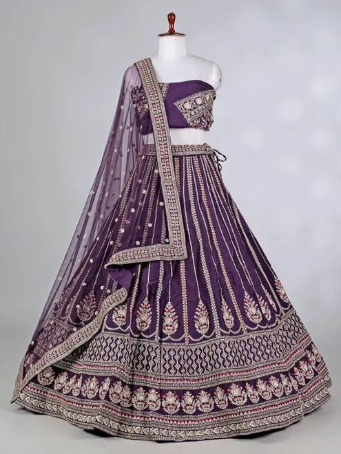 Violet raw silk lehenga choli with zardosi work