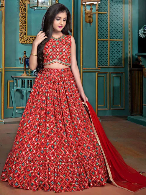 Wedding season red georgette printed lehenga choli