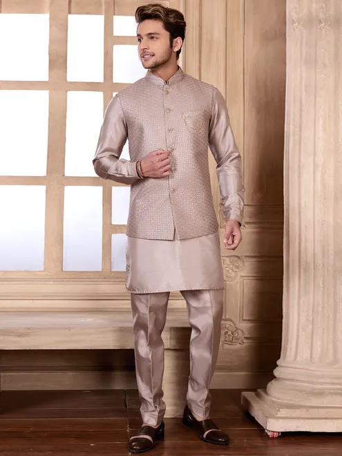 Wedding silk waistcoat set in fawn beige