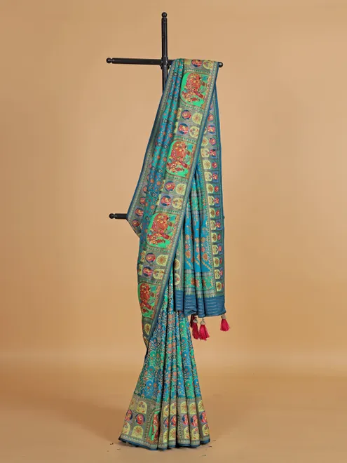 Wedding style blue silk printed saree