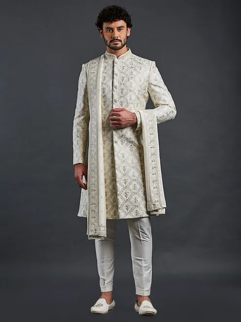 Wedding style cream raw silk sherwani with fine embroidery