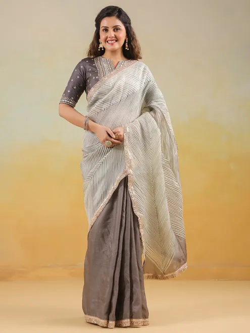 Wedding style grey printed tusser silk saree