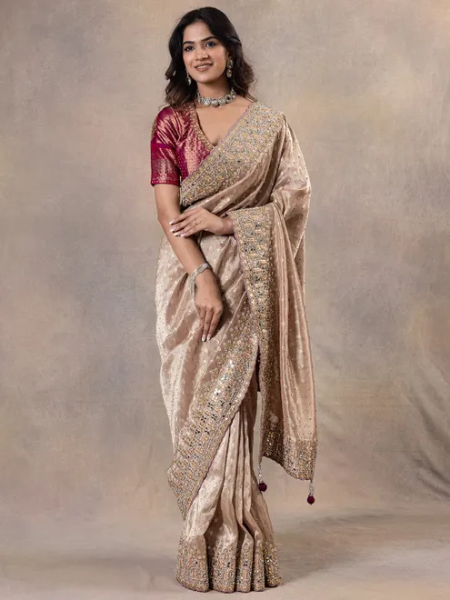 Wedding style peach silk zari weaving saree