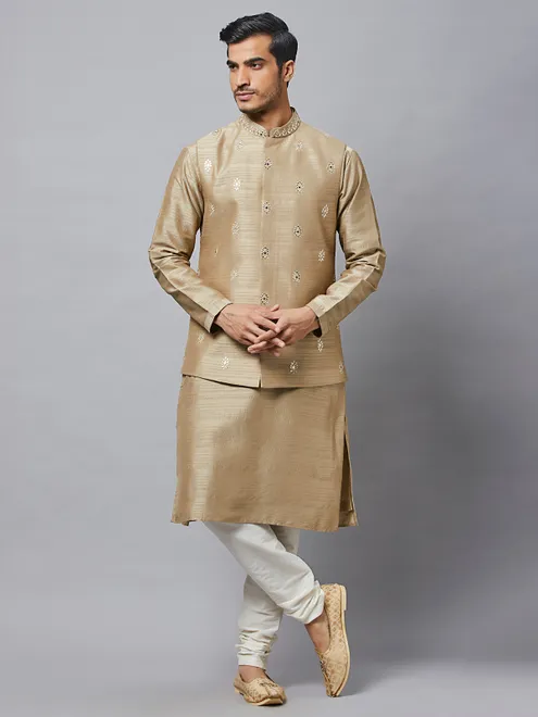 Wedding wear beige waistcoat set with thread work details