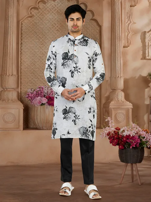 White and black floral printed cotton  Men Kurta pajama
