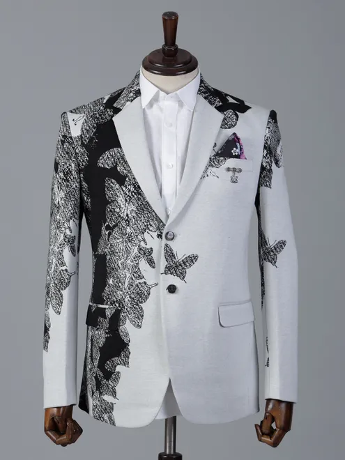 White and black printed cotton blazer