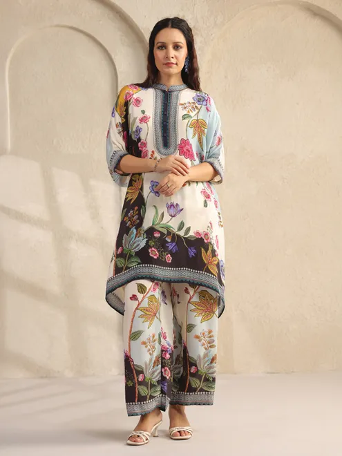 White and black silk printed co ord set