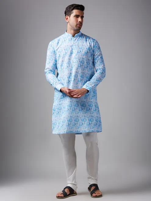 White and blue printed linen men kurta pajama