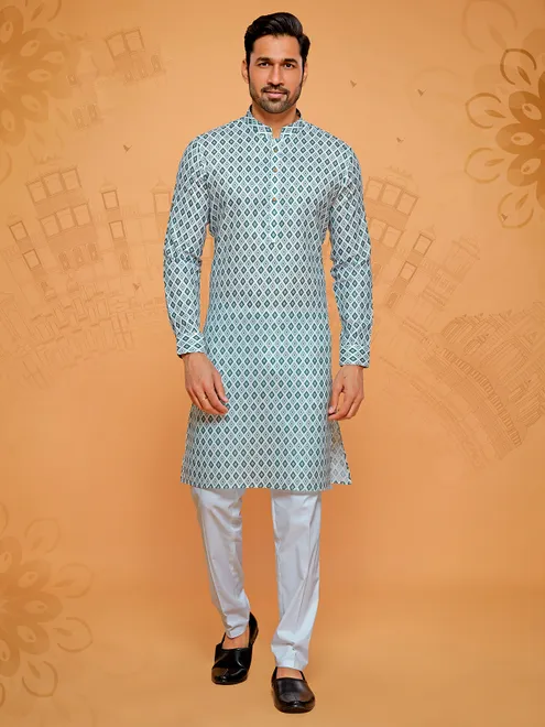 White and dark green cotton printed kurta set
