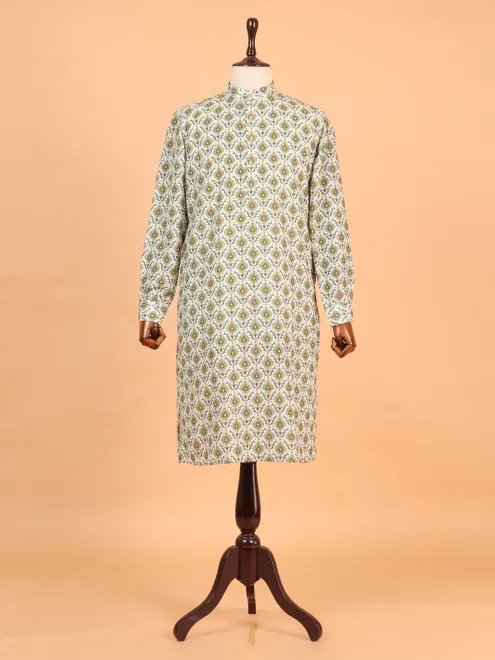 White and green printed cotton kurta for men