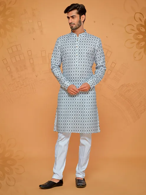 White and grey cotton printed kurta suit