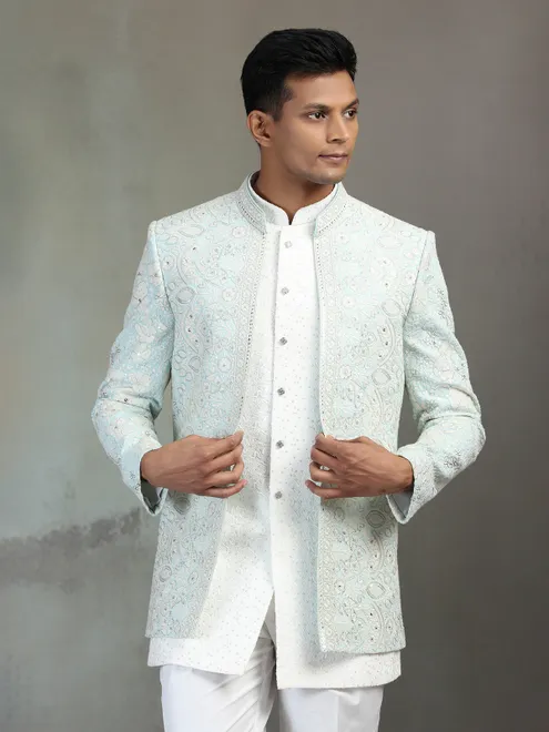 White and light blue Indowestern set with thread detailing
