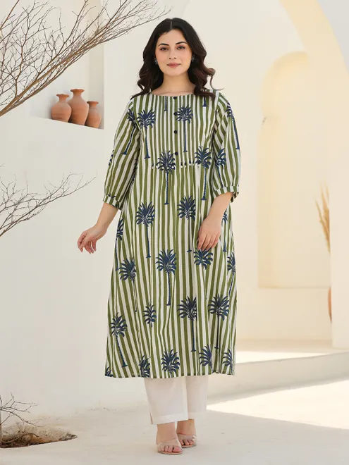 White and olive silk printed kurti set