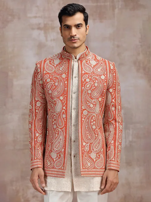 White and Orange georgette indowestern set for men