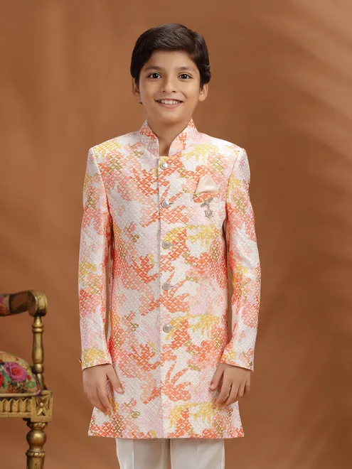 White and peach embroidered silk indo western