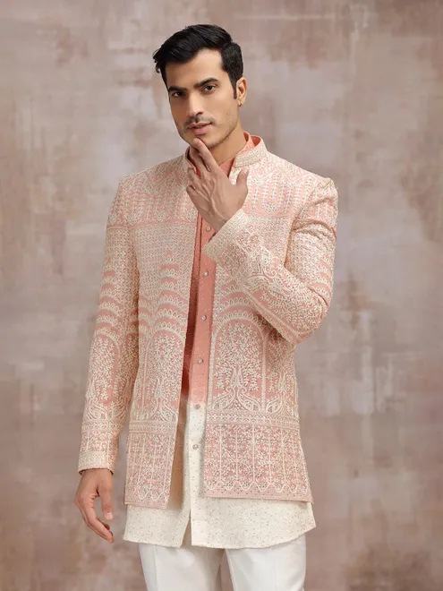 white and peach wedding wear indowestern set in georgette