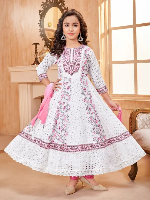 White and pink cotton embroidery salwar suit