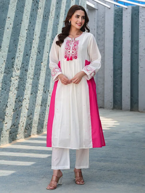 White and pink cotton kurti set for women