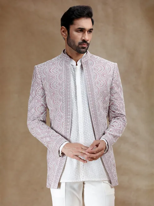 White and pink indowestern set with silk coat