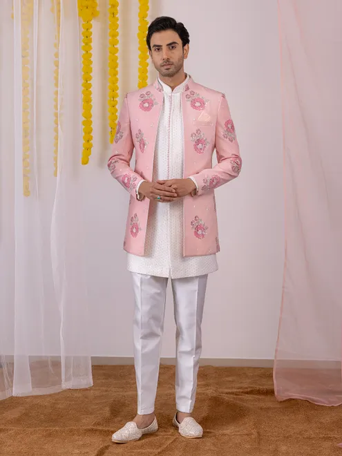 White and pink men indowestern in silk