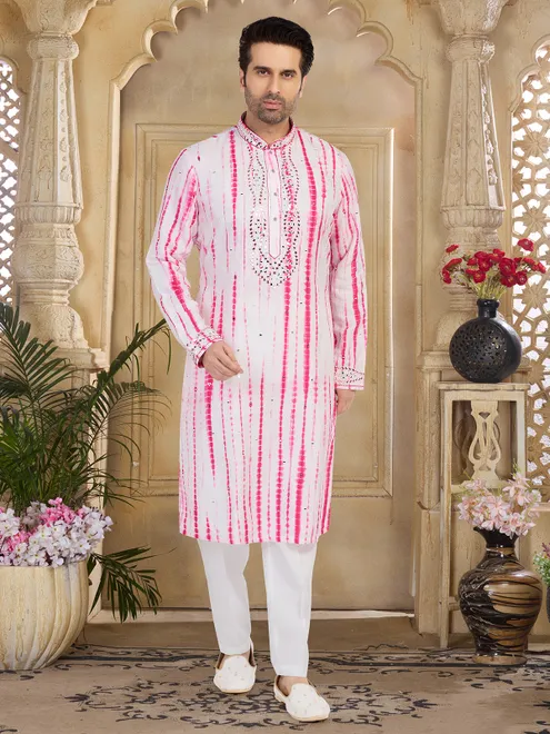 White and pink printed full sleeve  Men Kurta pajama