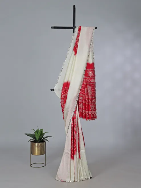 White and red bandhej muslin silk saree