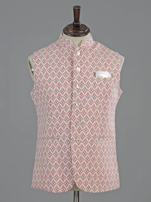 White and red printed cotton waistcoat
