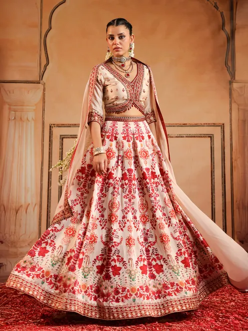 White and red silk lehenag choli