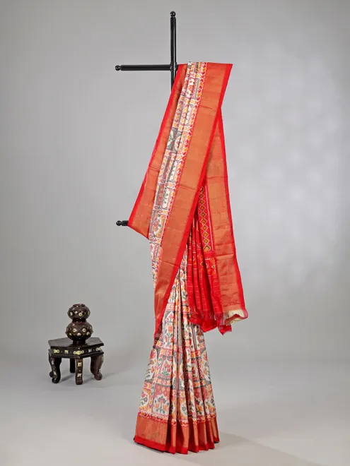 White and red zari weaving patola silk saree for wedding grace