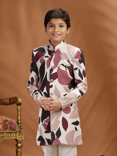 White and wine silk printed indo western