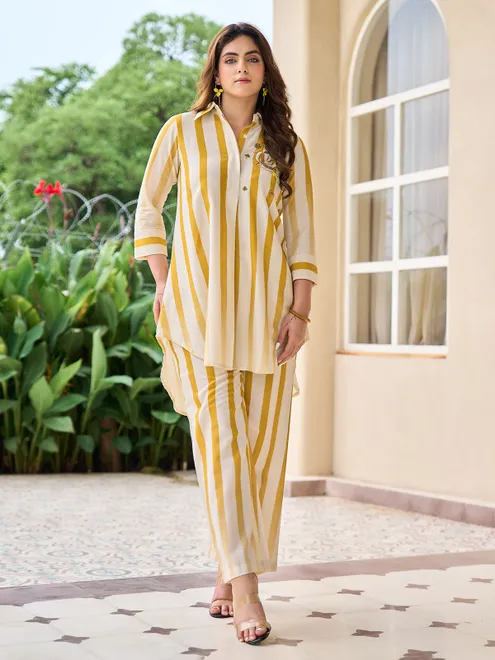 White and yellow cotton kurti set for casual