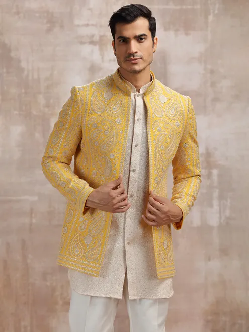 White and Yellow georgette men indowestern set set