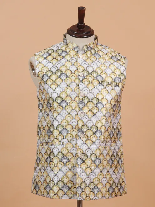White and yellow printed cotton silk waistcoat