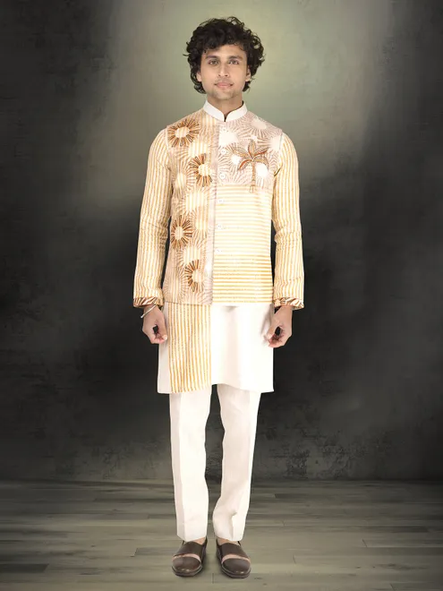 White and yellow pure linen block printed waistcoat set