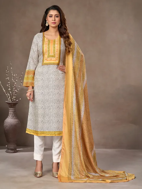 White and yellow silk pant suit