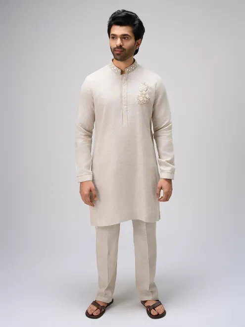 White beaded detail linen kurta ensemble