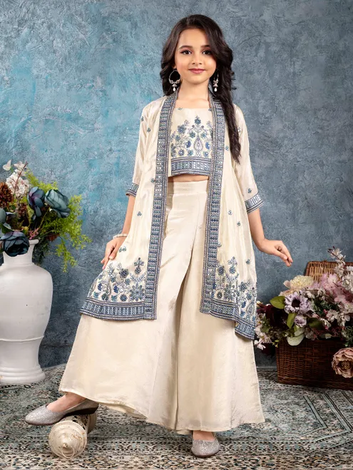 White blue girls palazzo salwar suit with jacket