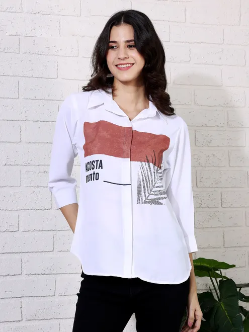 White casual printed rayon cotton shirt