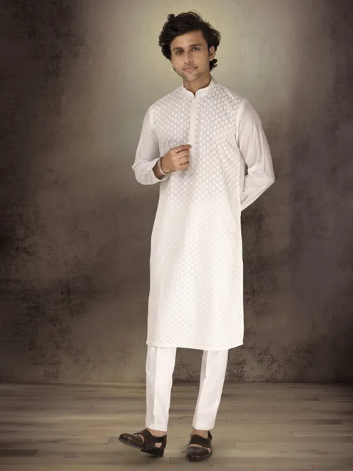 White chanderi silk embroidered festive kurta suit