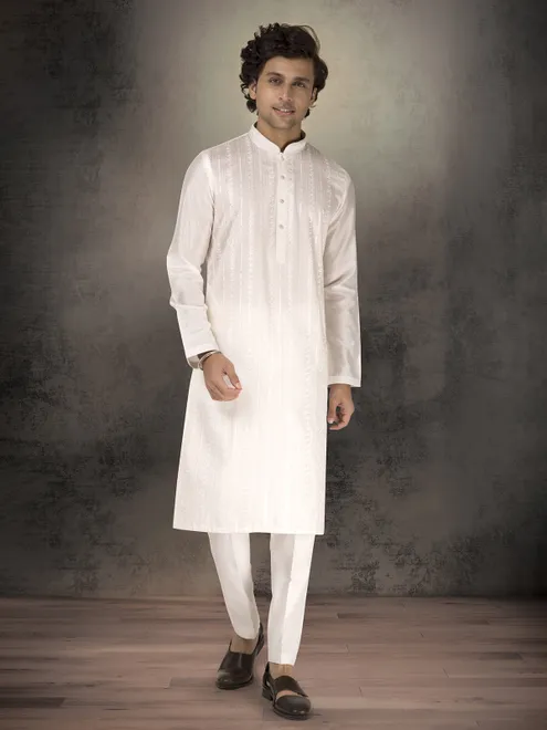 White chanderi silk thread and sequins kurta suit for festive