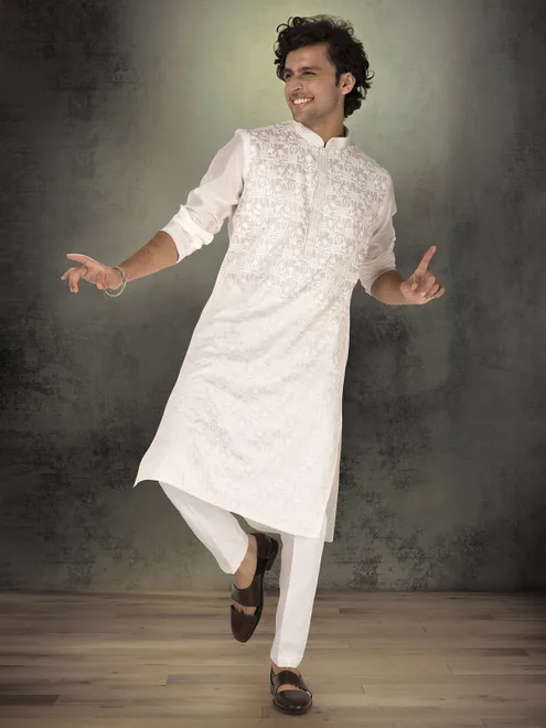 White chanderi silk thread work festive kurta suit